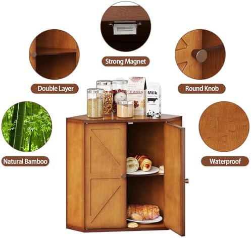 Trironsun Corner Bread Box for Kitchen Counter Double Layer Bamboo Bread Storage Container Large Capacity Bread Storage Bin Farmhouse Breadbox Organizer (Antique Brown) - Image 7