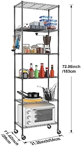 Homdox 6-Tier Storage Shelf Wire Shelving Unit Free Standing Rack Organization with Caster Wheels, Stainless Side Hooks, Black - Image 3