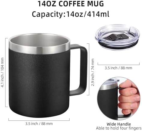 Volhoply 14oz Insulated Stainless Steel Coffee Mug with Leakproof Lid,Double Wall Vacuum Travel Coffee Cup with Handle,Reusable Metal Cups Tumbler,Camping Mugs Keep Hot/Cold,Gifts(Black,1) - Image 2