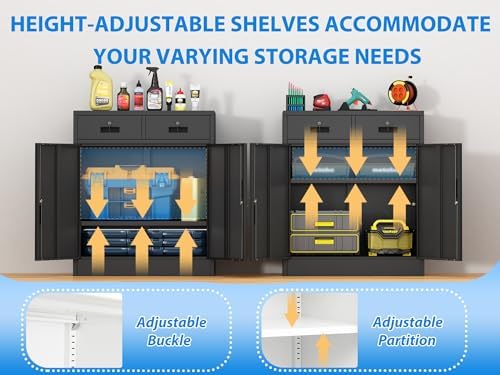 BESFUR Metal Storage Cabinet with Doors and Shelves, 36" H Locking Storage Cabinet with 2 Drawers, Reinforced Heavy Duty Metal Cabinets for Garage, Office, Home(Black) - Image 6