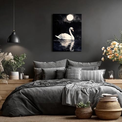 Doqueodas Vintage White Swan on Black Background Canvas Wall Art16x24 inch - Image 3