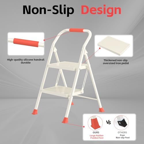 Step Ladder Foldable Folding Stool - for Home Adults Kitchen 2 Stepping Extension Tall Heavy Duty with Handrails - Closet Stepstool Stair Ladders Extendable Stepladder for Indoor House 600Lbs - Image 4