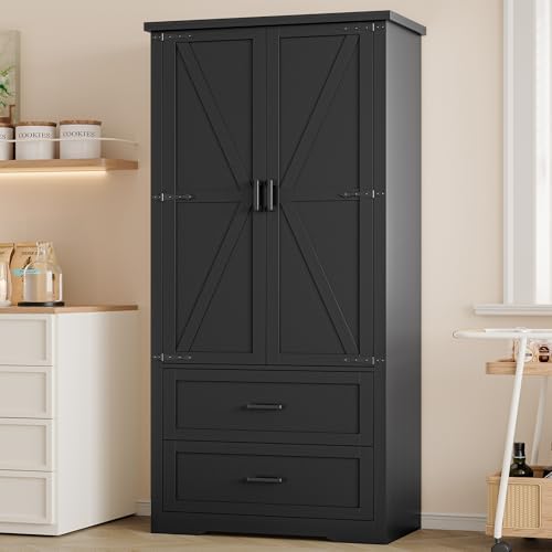 BORNOON Pantry Organizers and Storage Cabinet, 71” Barn Door Black Kitchen Cabinet with Drawers and Adjustable Shelf, Tall Pantry for Kitchen, Dining Room, Living Room, Bathroom and Office by BORNOON