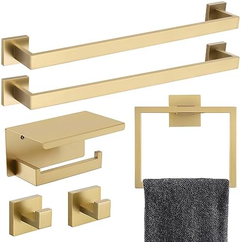 6-Piece Bathroom Hardware Set 23.6 Inch Gold Towel Bar Set Double Towel Bar Towel Ring Coat Hook and Toilet Paper Holder with Shelf Wall Mounted Stainless Steel Bathroom Accessories Set by TNOMS