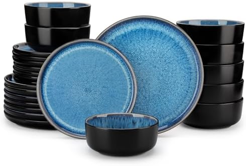 vancasso PLAYA Plates and Bowls Sets, 24 Pieces Blue Dinnerware Sets for Kitchen, Reactive Glaze Dishes Set for 8, Dishwasher and Microwave Safe by vancasso