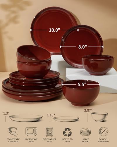 Pokini Stoneware Dinnerware Sets for 4, 12pcs Plates and Bowls Sets Dishes - Image 2