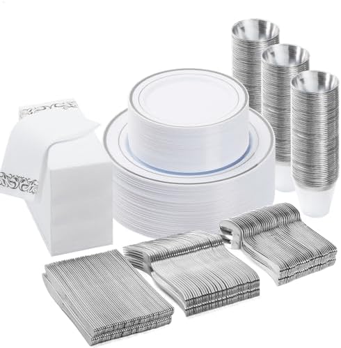 BESTVIP 350 PCS Disposable Silver Plates and Silverware Set for 50 Guests by Bestvip