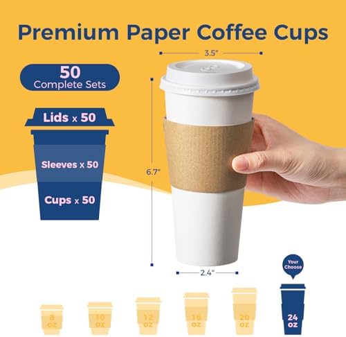 Fit Meal Prep 50 Pack 24 oz Disposable Coffee Cups with Lids, Sleeves, Leak-Proof To Go Coffee Cups with Lids, Durable Hot Paper Cups for Home, Office, Party, Business - Image 2