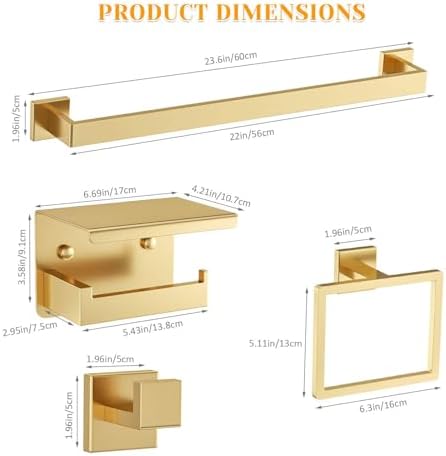 10 Pieces Brushed Gold Towel Bar Set Bathroom Hardware Accessories Set Upgraded Toilet Paper Holder Towel Holder/Racks Set for Bathroom Stainless Steel Wall Mounted 23.6in - Image 6