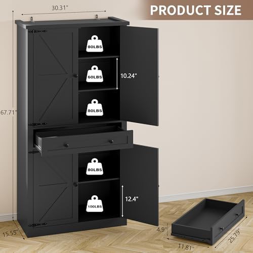 BORNOON Pantry Organizers and Storage Cabinet, 67.7” Barn Door Black Kitchen Cabinet with Drawers and Adjustable Shelf, Tall Pantry for Kitchen, Dining Room, Living Room - Image 2