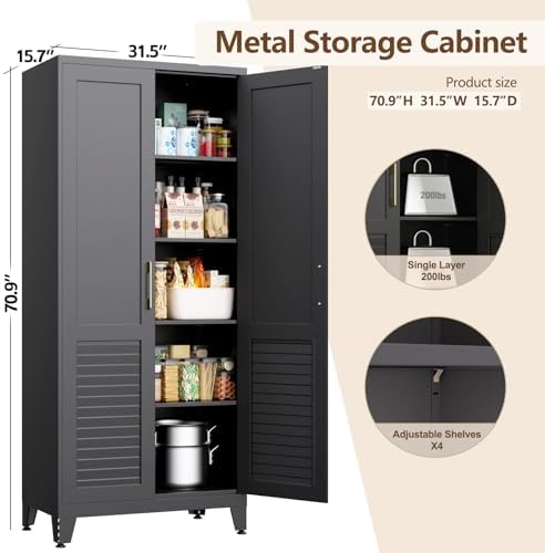 70.9" H Kitchen Pantry Cabinet, Freestanding Storage Cabinet with Louvered Doors, Adjustable Shelves Tall Kitchen Cabinet for Kitchen Dining Room Laundry Room, 70.9" H x31.5 W x15.7 D, Black - Image 2