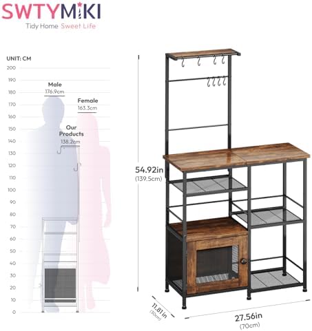 SWTYMIKI Bakers Rack with Storage - Coffee Bar Cabinet Organizer with 8 Hooks, Shelves & Cabinet Door, Coffee Station for Kitchen Dining Room, Microwave Stand with Adjustable Feet, Espresso - Image 2