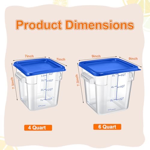 Suclain 8 Pack 4 QT and 6 QT Food Storage Containers with Lids Scales Handles Square Clear Restaurant Food Storage Containers Polycarbonate Commercial Grade for Kitchen Marinating Meat Dough(Blue) - Image 2