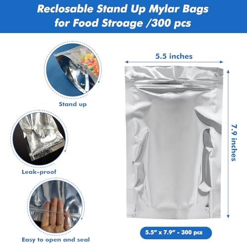 300-Pack Reclosable Large Mylar Bags for Food Storage 5.5" x 7.9" Stand Up Pouch Bags Bulk Resealable Smell Proof Aluminum Silver Foil Bags with Clear Window Kitchen Storage Edible Packaging - Image 3