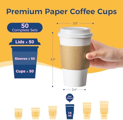 Fit Meal Prep 50 Pack 16 oz Disposable Coffee Cups with Lids, Sleeves, Leak-Proof To Go Coffee Cups with Lids, Durable Hot Paper Cups for Home, Office, Party, Business - Image 2