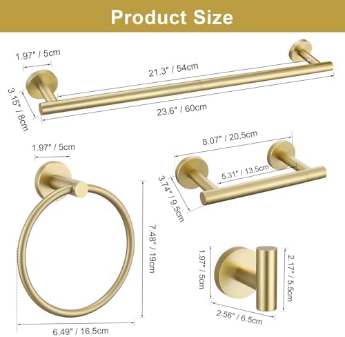 5 Pieces Brushed Gold Towel Bar Set, Upgraded Round Bathroom Hardware Accessories Set, Toilet Paper Holder Towel Holder Set for Bathroom Stainless Steel Wall Mounted 23.6Inch - Image 6
