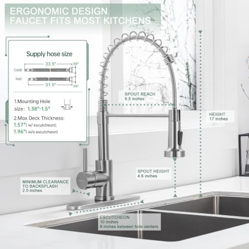 WEWE Brushed Nickel Kitchen Faucet with Pull Down Sprayer, Single Handle Stainless Steel Sink Faucet with Deck Plate, 1 or 3 Hole Faucet for Kitchen, Laundry and RV - Image 2
