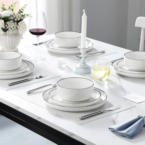 MALACASA Plates and Bowls Sets, 24 Pieces Modern Porcelain Dinnerware Set for 8 White Kitchen Dinner Dining Ware Set wtih Black Rim Ceramic Dishware Dishes Microwave and Dishwasher Safe, Series LUNA - Image 7