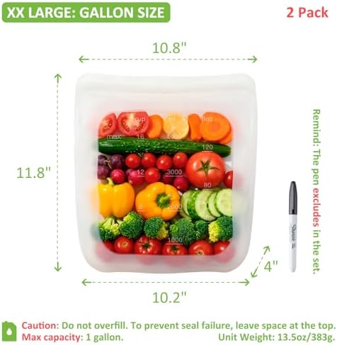 100% Silicone Gallon Storage Bags, Extra Large Reusable 1 Gallon Silicone Storage Bags Stand-Up Zip-Lock Leakproof for Bulk Food & Large Portions, Freezer Microwave Sous Vide Dishwasher Safe, 2 Pack - Image 3
