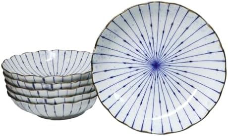 Ebros Gift Artistic Blue Waves Fubuki Tokusa Made In Japan Dinnerware Serveware Kitchenware Set Asian Japanese Restaurant Supply (Pack Of 6 Round Flair Large Deep Plates Shallow Bowls 24oz) by EbrosGift