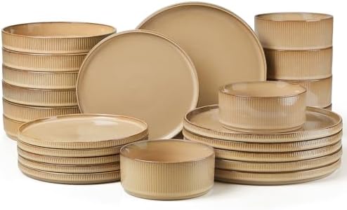 LIANYU 24 Piece Dinnerware Plates and Bowls for 6, Ceramic Elegant Stoneware Dishes Sets with Pasta Bowls, Modern Ribbed Dining Ware Dishware for Restaurant Wedding, Dishwasher Safe, Dune Khaki by LIANYU