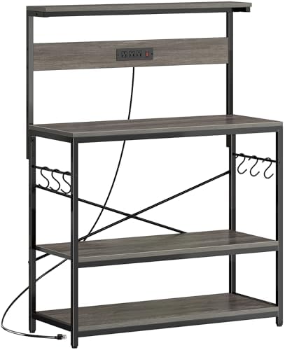 SUPERJARE Bakers Rack with Power Outlets, Microwave Stand, 39.4 X 14.3 Inch Larger Desktop, Kitchen Storage Rack with Adjustable Middle Shelf, 6 S-Shaped Hooks, Coffee Bar Stand, Grey by SUPERJARE