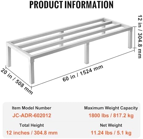 VEVOR Aluminum Dunnage Rack, 60” x 20” Commercial Food Floor Rack, 12” Off the Floor, 1800 lbs Capacity All-Welded Aluminum Storage, for Storage in Restaurants, Kitchens, Garages and Vehicles - Image 7