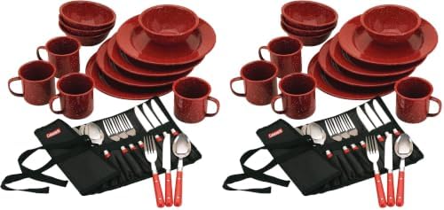 Coleman 24-Piece Enamel Dinnerware Set for Outdoor Dining, Dishwasher Safe, Full Dinnerware & Flatware Set for 4 People by Unknown