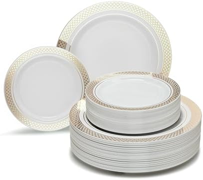 " OCCASIONS " 100- Plates Pack,(50 Guests) Heavyweight Premium Wedding Party Disposable Plastic Plates Set -50 x 10.5'' Dinner + 50 x 7.5'' Salad/Dessert (Celebration White & Gold) by OCCASIONSFINESTPLASTICTABLEWARE