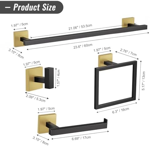 YACVCL Towel Bar Set, 5-Piece Black and Gold Bathroom Hardware Set, Black&Gold Bathroom Accessories Set, SUS304 Stainless Steel 23.6 Inch Towel Holder Towel Racks Set Wall Mounted - Image 6