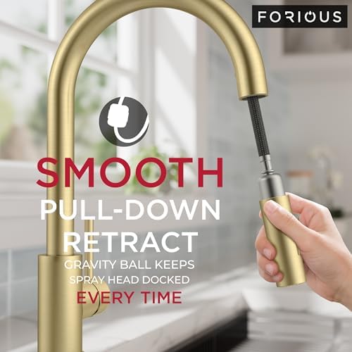 FORIOUS Kitchen Faucet, 2-Mode Pull Down Sprayer, Classic Brushed Gold - Image 4