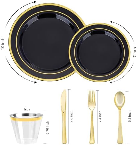 BESTVIP 600PCS Black Gold Dinnerware Set for 100 Guests, Plastic Plates - Image 5