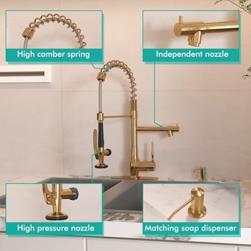 GIMILI Brushed Gold Commercial Kitchen Sink Faucet with Soap Dispenser - Image 3