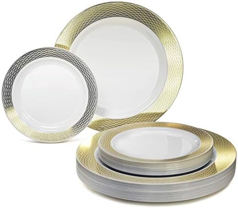 OCCASIONS 120 Plates Pack,(60 Guests) Heavyweight Premium Wedding Party Disposable Plastic Plates Set -60 x 10.5'' Dinner + 60 x 7.5'' Salad/Dessert (Diamond in White & Gold) - Image 6