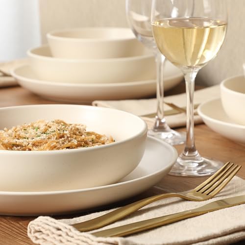 Gibson Elite Leeds Court Plates and Bowls Sets, 16-Piece Stoneware Dinnerware Sets, Cream White, Round Speckle Reactive Glaze Dish Set - Image 3