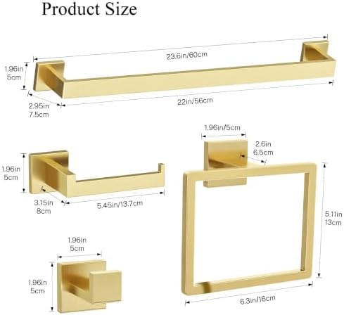 Brushed Gold Towel Bar Set 10-Piece Gold Bathroom Hardware Accessories Set,Stainless Steel Towel Rack Set for Bathroom Wall-Mounted,23.6-Inch - Image 6
