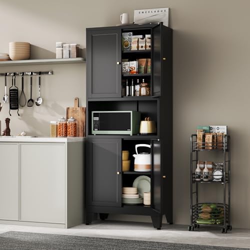 YAUWOH 69" Tall Metal Pantry Cabinet with Microwave Shelf, 4 Doors & 3 Adjustable Shelves, 120LBS Per Shelf Heavy Duty Storage Cabinet with Anti-Tip Design for Kitchen,Dining Room (1PC,Black) - Image 2