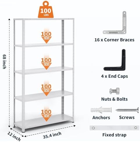 Storage Shelves, Heavy Duty Garage Storage Shelves 5-Tier Metal Shelving Unit for Kitchen Pantry Basement Bathroom Laundry, Adjustable Shelving, 2500 LBS Capacity, 35.4" L x 12" W x 68" H - Image 3