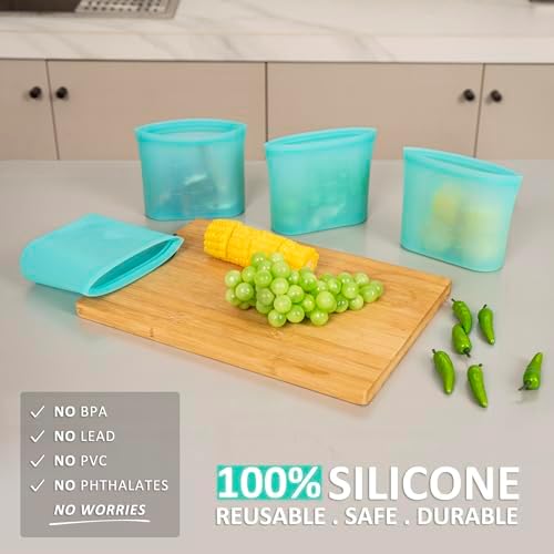 Reusable Snack Bags, 4 Pack, Stand Up 100% Silicone Reusable Storage Bag, Ziplock Silicone Food Storage Containers Snack Size, Freezer Microwave Oven Dishwasher Safe, Aqua, 16oz - Image 2