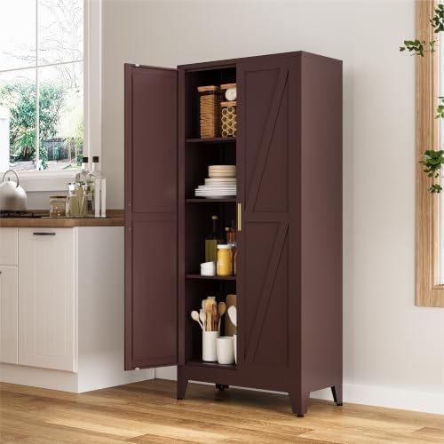 COFaR 61" Metal Storage Cabinet with Doors and Adjustable Shelves, Tall Pantry Cabinet Freestanding Kitchen Pantry Storage Cabinet, Steel Cupboard for Bathroom, Living Room & Office, Reddish Brown - Image 4