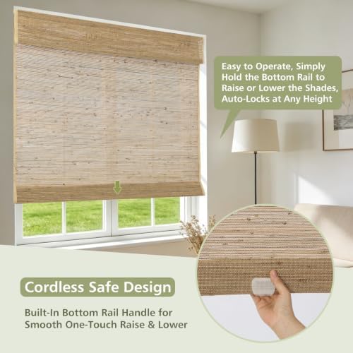 Cordless Woven Wood Blinds for Indoor Windows, Blackout Bamboo Roman Shades - Image 3