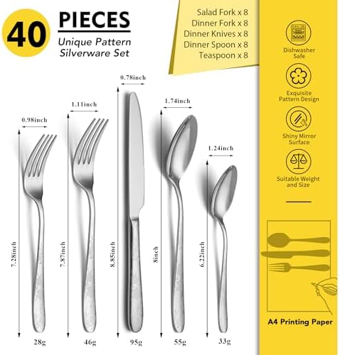 40 Piece Silverware Set, Service for 8, EIUBUIE Premium Stainless Steel Cutlery Set, Mirror Polished Flatware Sets with Pattern Handle, Modern Kitchen Eating Utensils Sets - Image 2