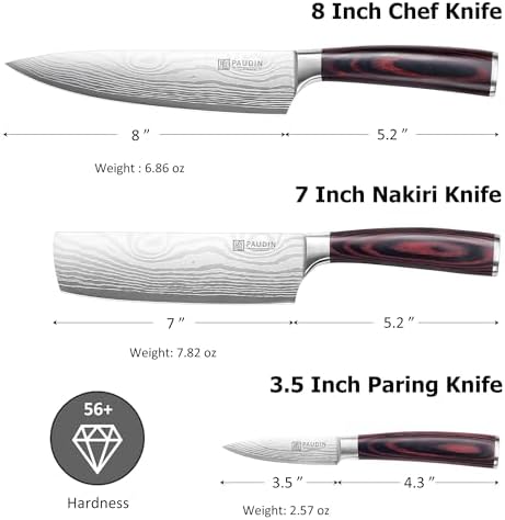 PAUDIN Kitchen Knife Set, 3 Piece High Carbon Stainless Steel Professional Chef Knife Set with Ultra Sharp Blade & Wooden Handle (Kitchen Knife Set 3 Pcs) - Image 2