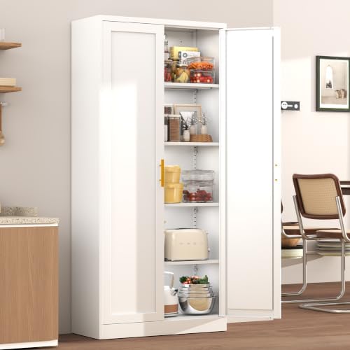 BESFUR 71" Tall White Kitchen Pantry Cabinet, Metal Food Storage Cabinet with 4 Adjustable Shelves, Freestanding Cupboard with Doors for Kitchen, Dining Room, Living Room, Bathroom, Laundry Room - Image 2