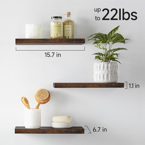 BAYKA Rustic Brown Bathroom Floating Shelves, 15.7in, 3Pk, Wall Mount Shelf - Image 3