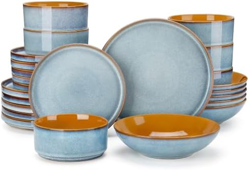 ONION Ceramic Plates and Bowls Sets for 6, 24 Pieces Stoneware Dinnerware Sets for Kitchen, Reactive Glaze Dish Set, Dishwasher and Microwave Safe, Light Blue by vancasso
