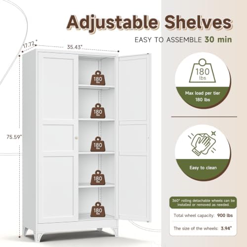 Letaya 76" H Metal Garage Storage Cabinets,White Tall Kitchen Pantry - Image 3