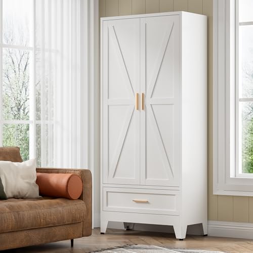COFaR Metal Storage Cabinet, Farmhouse Storage Cabinet with 2 Doors and 4 Adjustable Shelves - 71" White Kitchen Pantry Storage 5-Tier Tall Steel Cabinets Locker for Kitchen, Living Room, Dining Room - Image 3