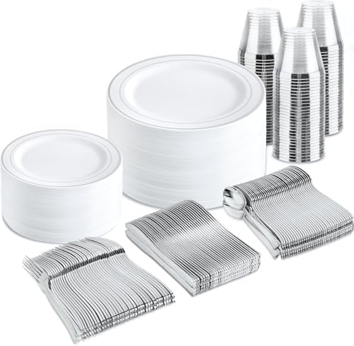 bUCLA 300PCS Silver Disposable Plastic Dinnerware Set - 50 Guests White Silver Disposable Plates Include 50 Dinner Plates,50 Dessert Plates,50 Knives,50 Forks,50 Spoons,50 Cups for Party & Christmas by BUCLA