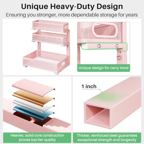 Kitstorack Under Sink Organizer, 2-Pack 3-Tier Height Adjustable Thickened Metal Pull out Cabinet Organizer Shelf, Slide out Storage Drawer Rack for Bathroom Kitchen Pantry Home Organization, Pink - Image 6